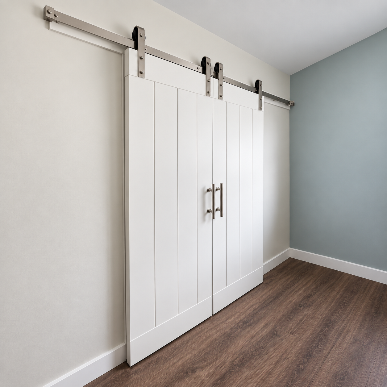 White double sliding barn doors with brushed metal hardware