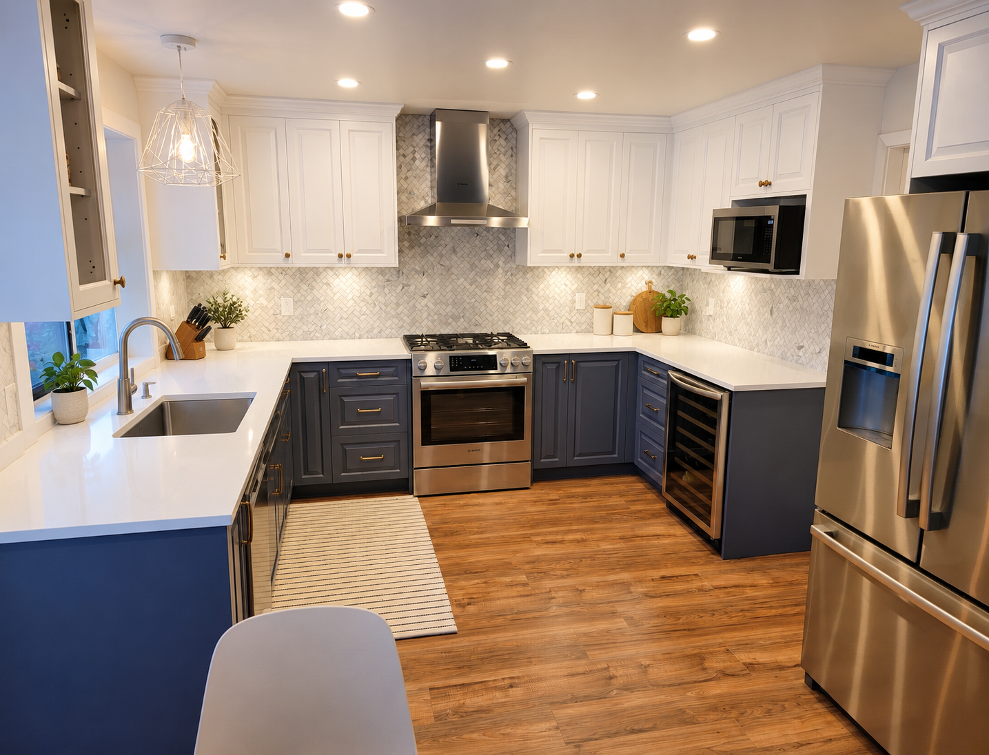 Kitchen with navy lower cabinets, white upper cabinets, and stainless steel appliances