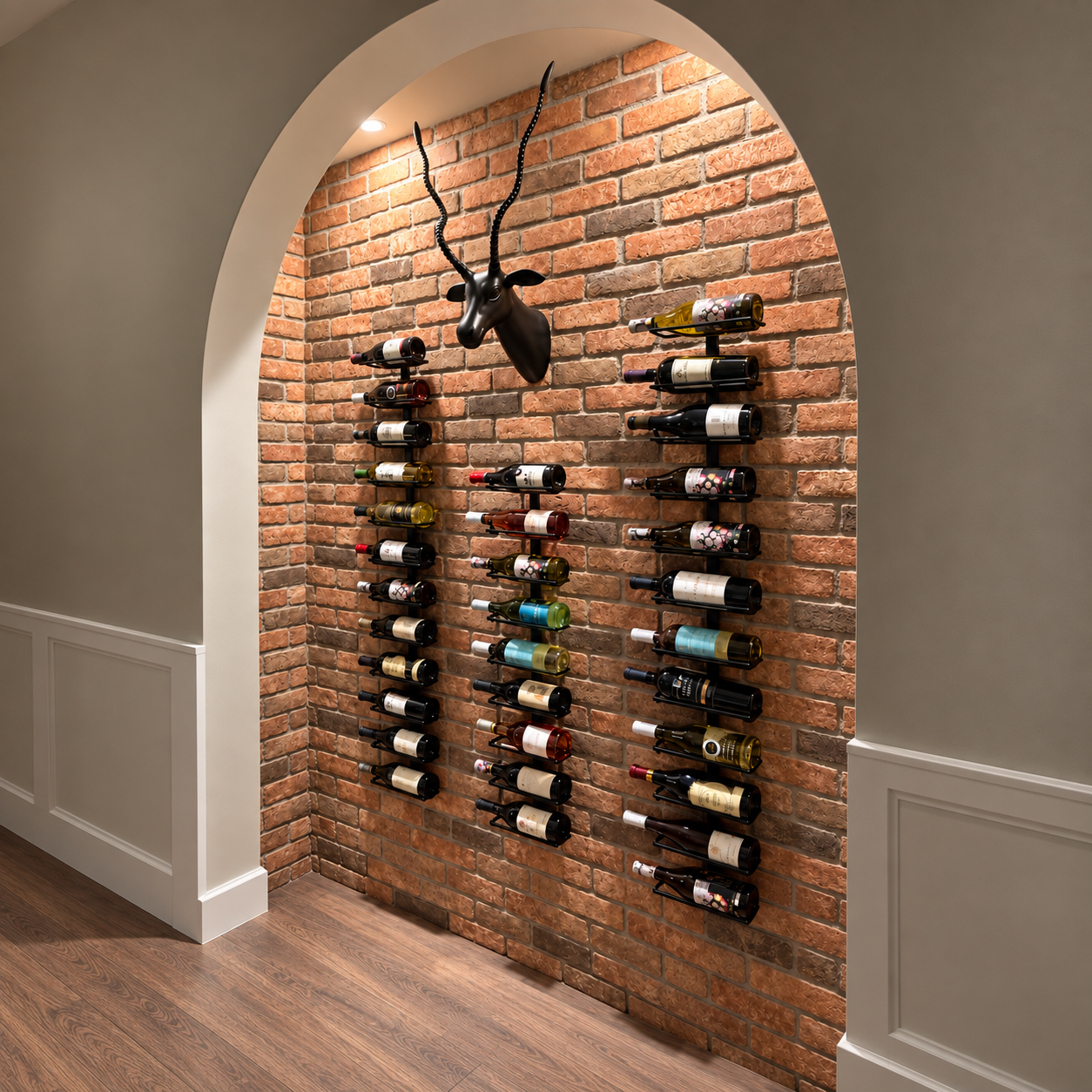 Arched brick wine display with carefully finished trim and accent lighting